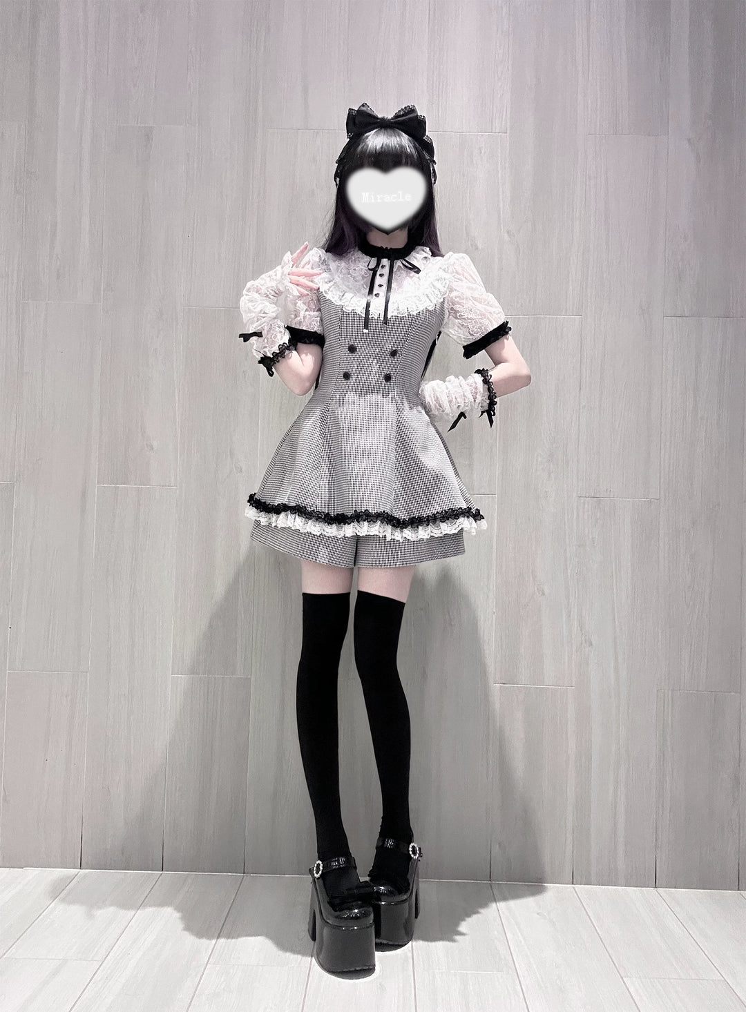 Jirai Kei Houndstooth Pattern Dress, Lace & Detachable Sleeves 44922:828304