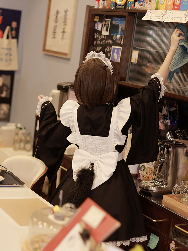 Kawaii Black Maid Blouse Flutter Sleeve Apron Suspender Skirt Set 42282:735186