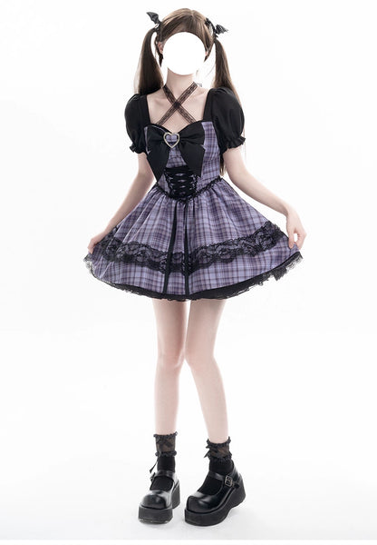 Jirai Kei Dress Puff Sleeves Purple Dress Heart Buckle Dress 36418:570256