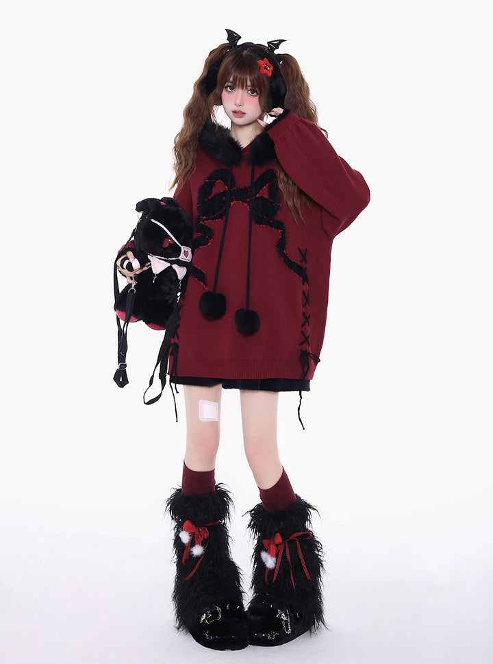 Yami Kawaii Sweater Bow Black Red Hoodie Detachable Collar 39556:639650