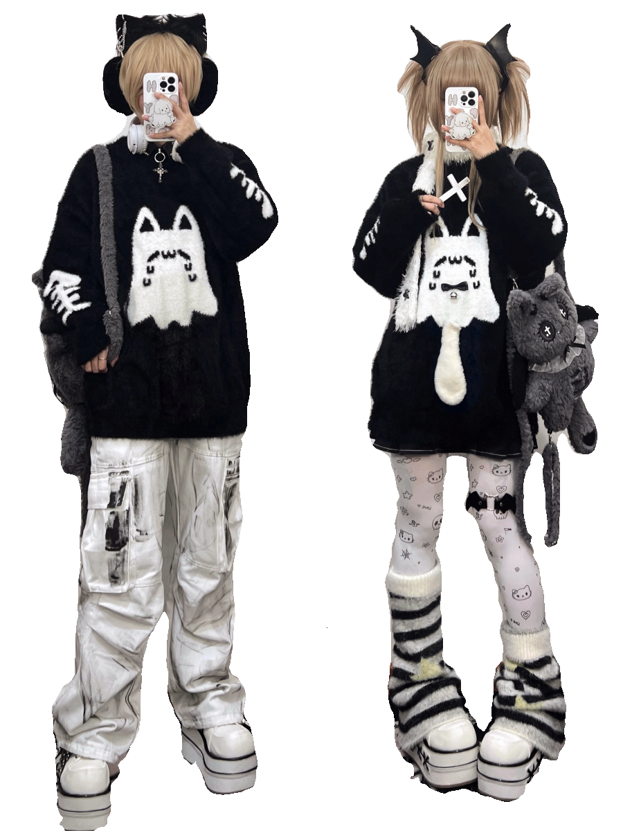 Jirai Kei Sweater Black Ghost Cat Print Couple Sweater 39952:646148