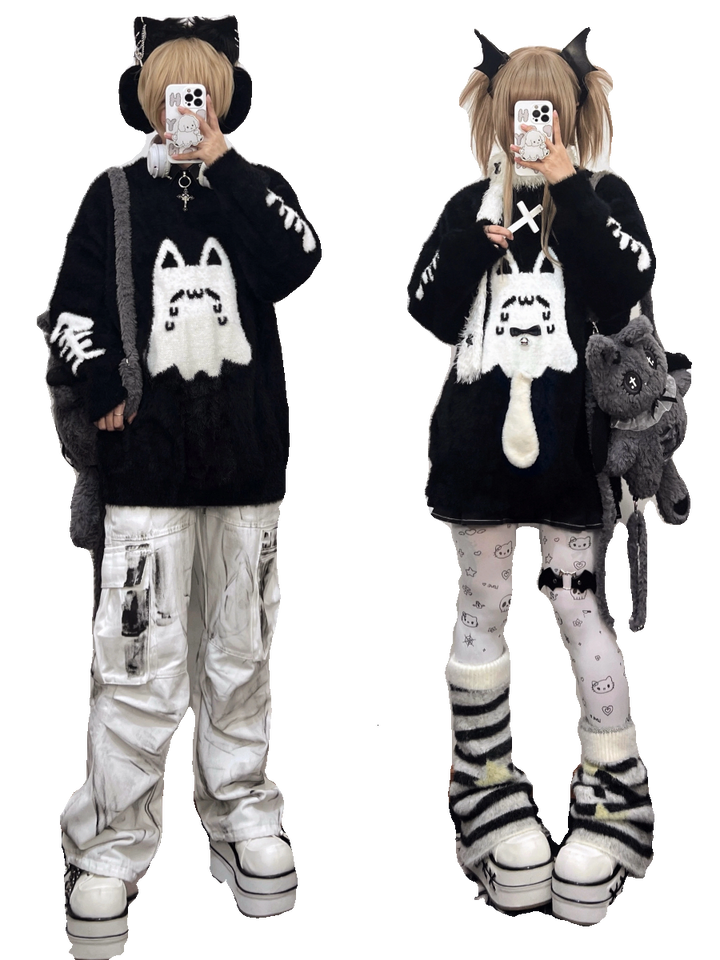 Jirai Kei Sweater Black Ghost Cat Print Couple Sweater 39952:646148