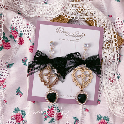 Jirai Kei Earrings Pink Black Lace Heart Cross Studs 35632:543628