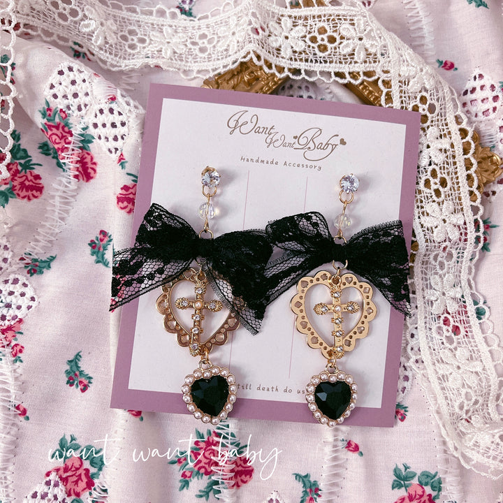 Jirai Kei Earrings Pink Black Lace Heart Cross Studs 35632:543628 35632:543628