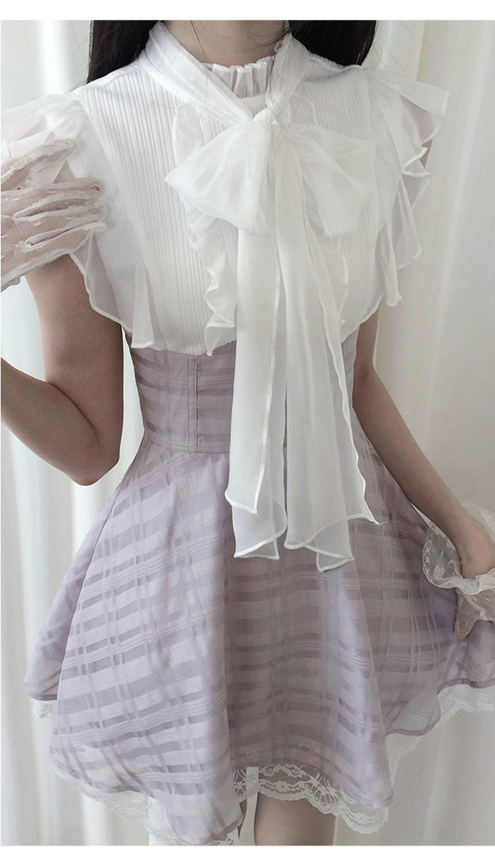 Sleeveless Seiso Kei High-Waist Dress, Purple Plaid Hem 44974:834222