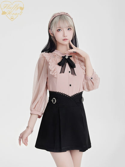 White Pink Jirai Kei Blouse Sheer Lace Shirt with Rhinestone 32914:403910