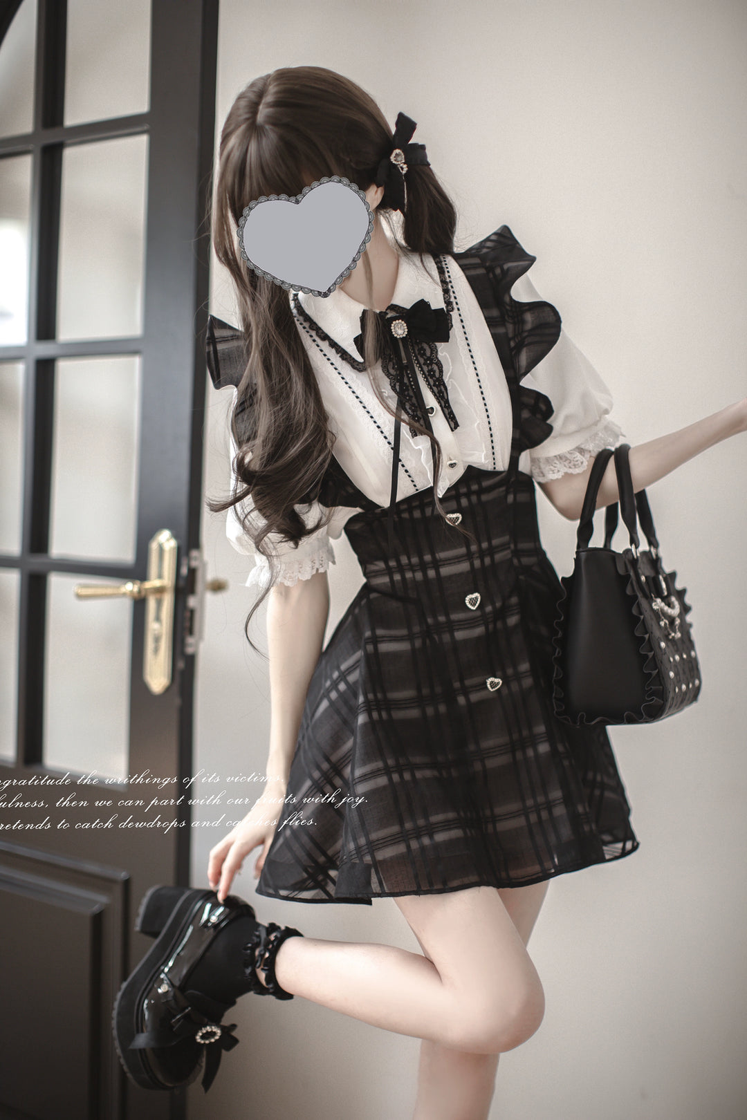Black Jirai Kei Plaid Suspender Skirt Set with White Blouse 42918:760668