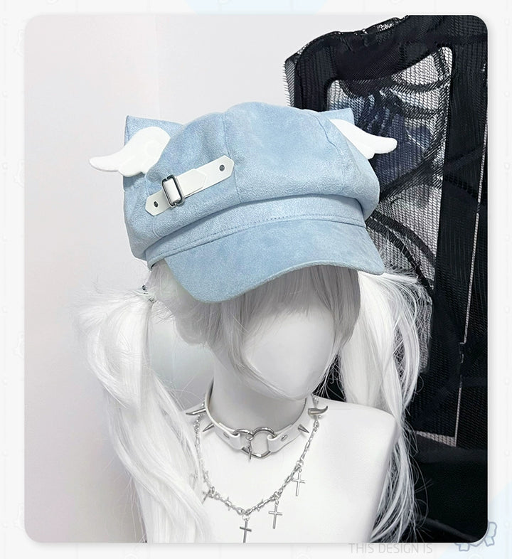 Jirai Kei Hat Blue Black Detachable Wings Cat Ear Beret 40038:649660