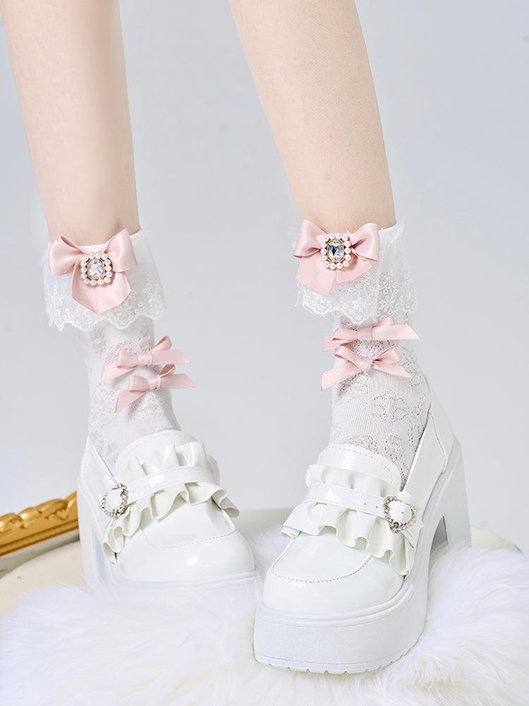 Jirai Kei Socks With Square Rhinestone Bows And Lace Trim 42251:733560