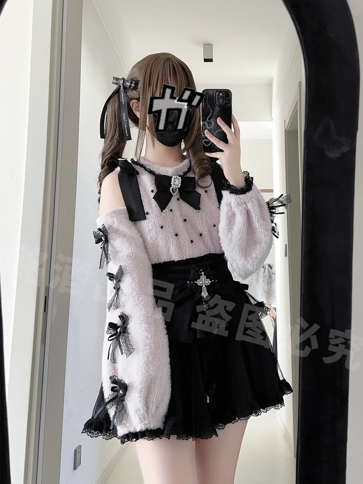 Jirai Kei Open Shoulder Plush Sweater, Tiered Skirt 44565:812982