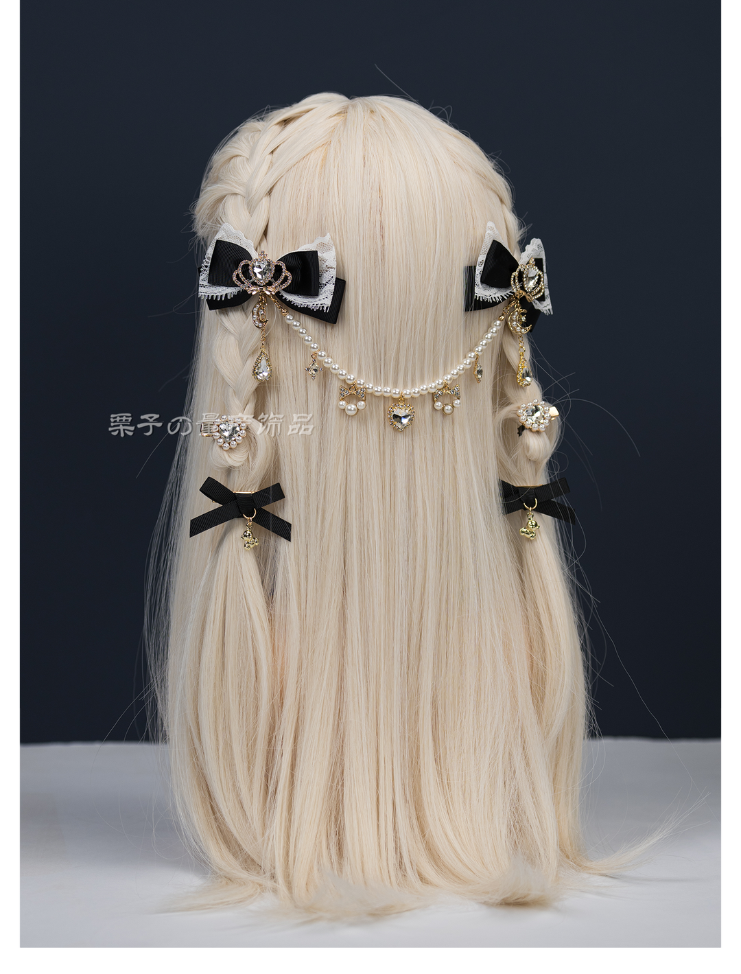 Jirai Kei Bow Hair Clips, Rhinestone Crown and Pearl Chain 44194:802744