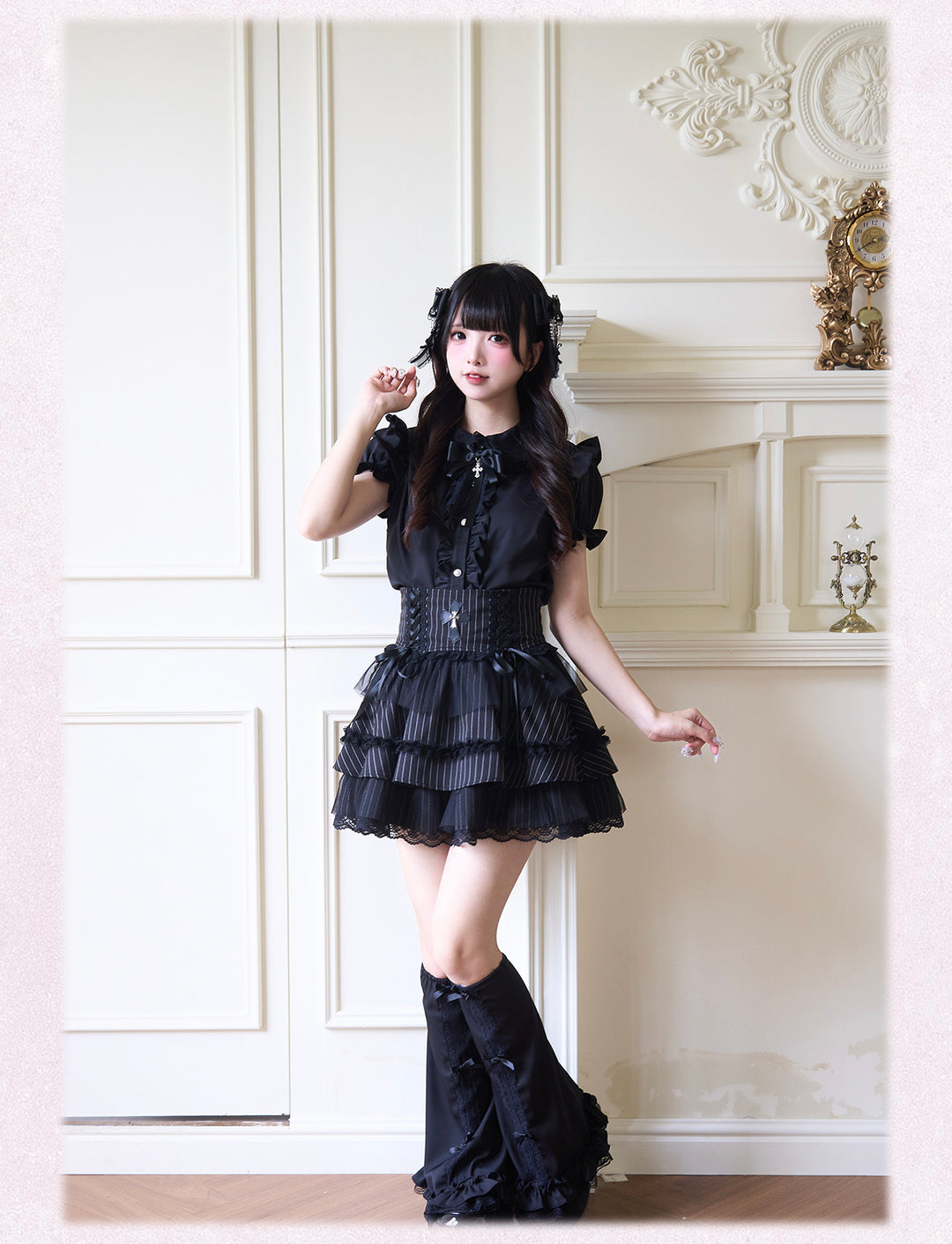 Ruffle Jirai Kei Blouse with Detachable Princess Sleeves And Bow 42522:744306