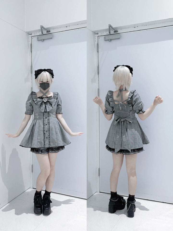 Plaid Jirai Kei Dress Set, Halter Neck, High Waist 43555:779700