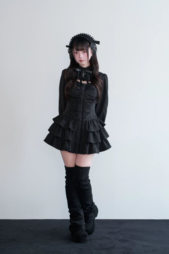 Black/Gray Jirai Kei Lace-Up Dress, Elastic Shorts 44329:806162