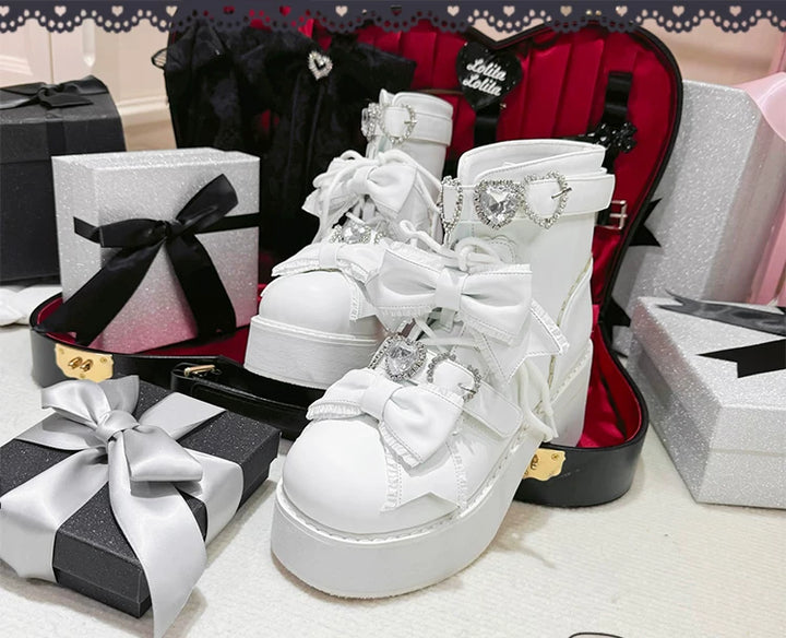 Jirai Kei Heeled Ankle Boots, Heart Rhinestone & Bows 45865:873135