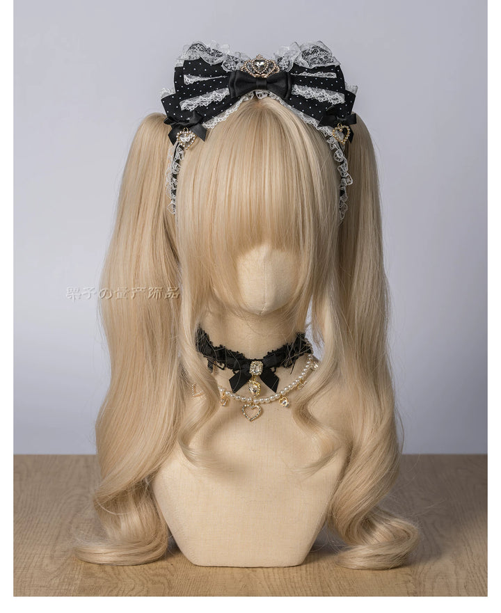 Jirai Kei Layered Bow Lace Headband, Crown & Heart Rhinestone 45960:870850