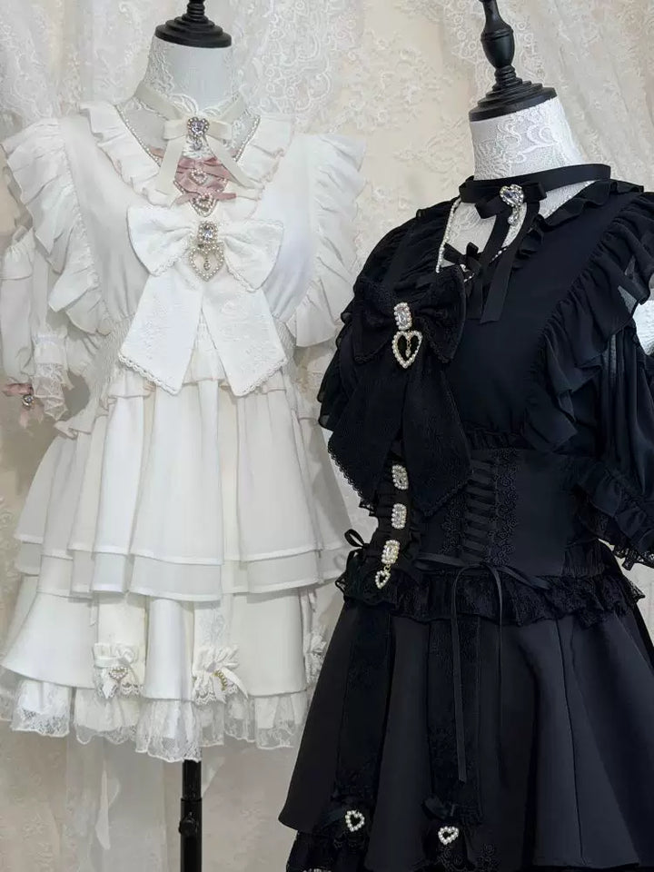 Jirai Kei High Waist Skirt, Lace Ruffle & Rhinestone 45843:865672