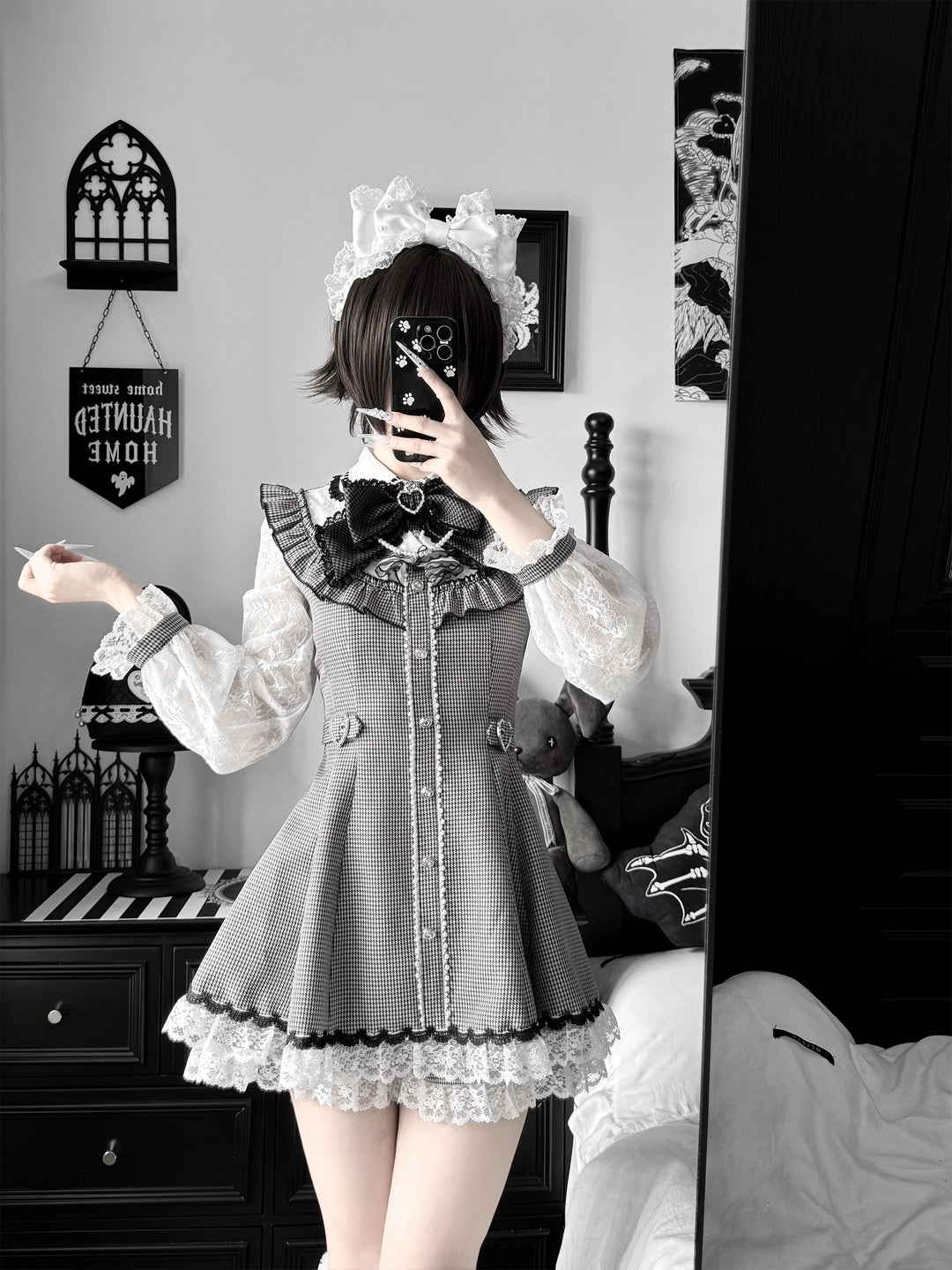 Ryousangata Long-Sleeved Dress Set, Houndstooth & Lace Tulle 46075:874909