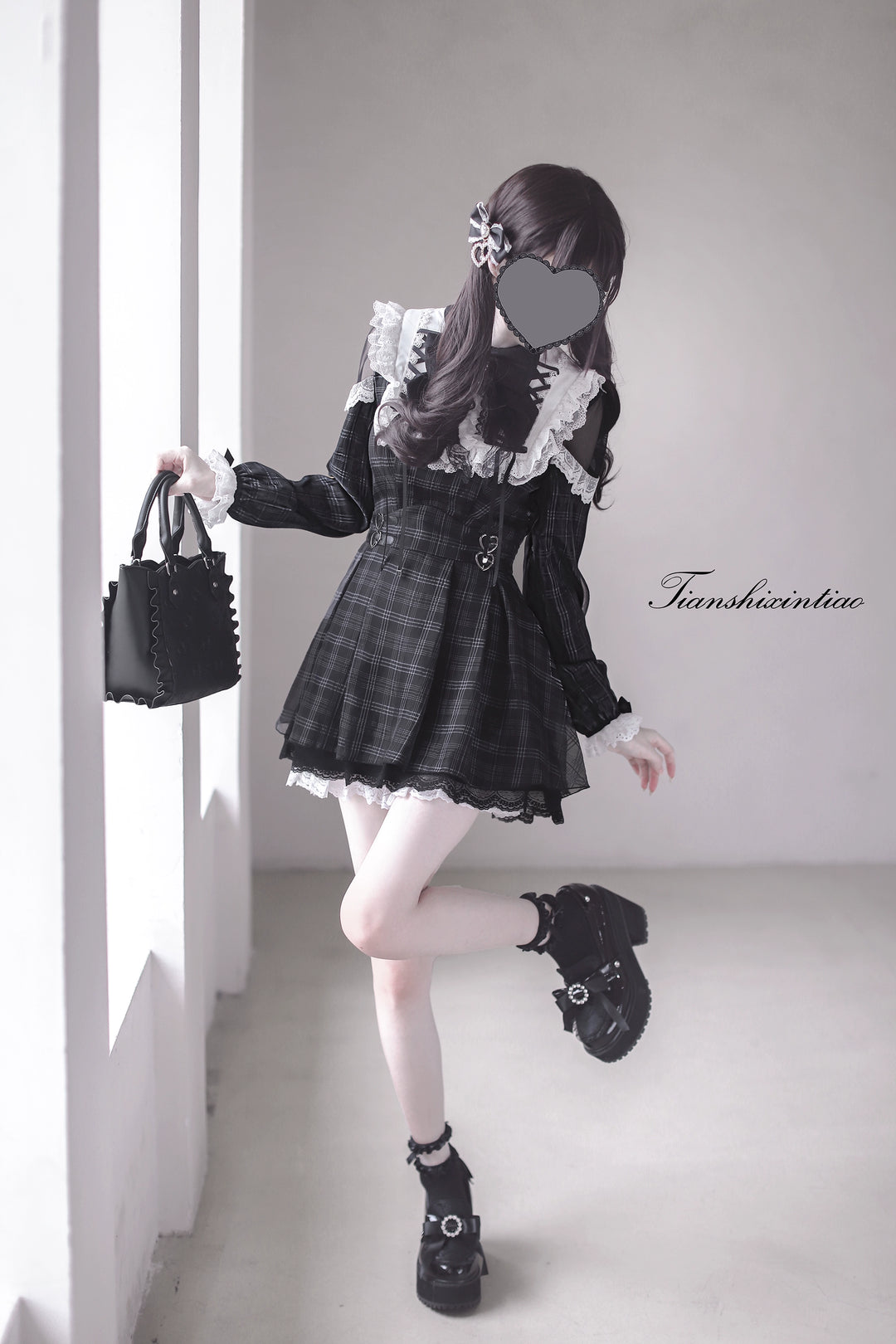 Plaid Jirai Kei Set-Up, Voile Layered Dress 43757:784686
