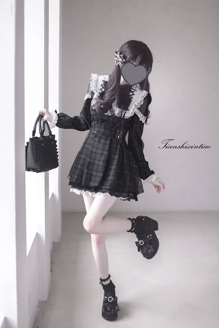 Plaid Jirai Kei Set-Up, Voile Layered Dress 43757:784686