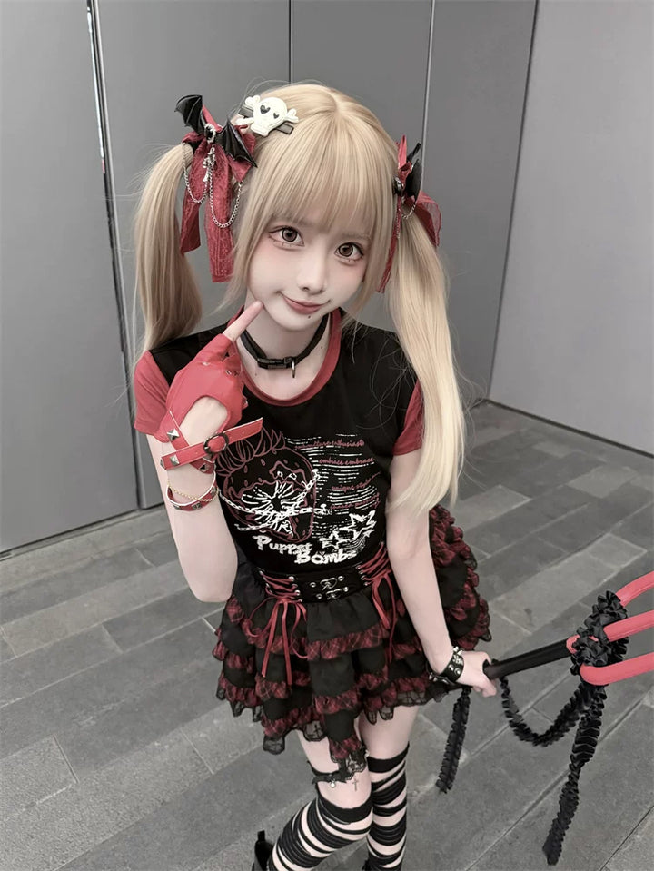 Punk Strawberry and Chain Print T-shirt, Red Plaid Skirt 45365:851409