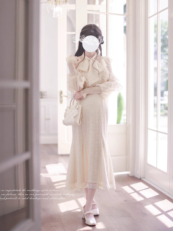 Elegant Open-Shoulder Blouse, Lace Mermaid Skirt 44039:793644