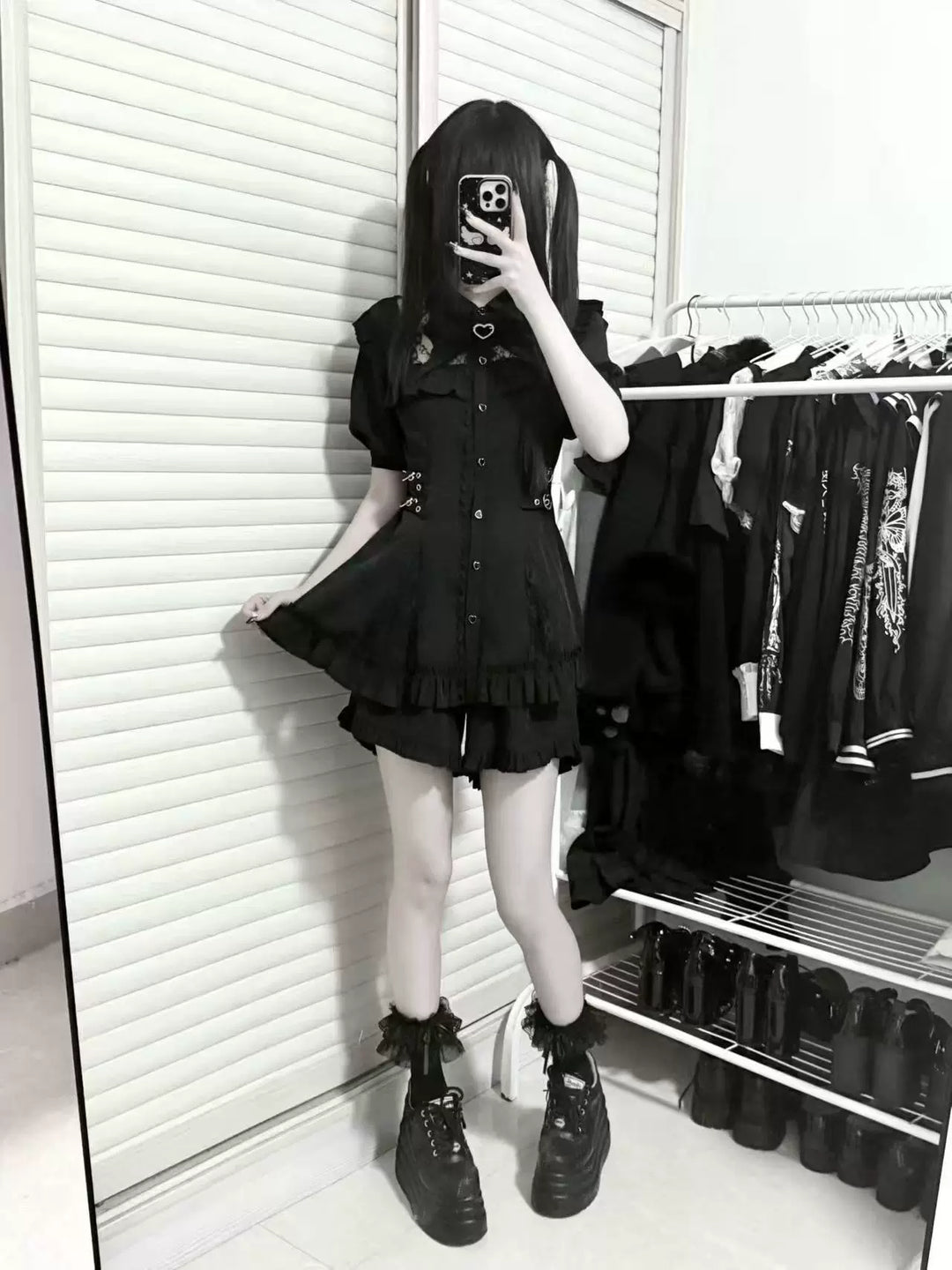Black Jirai Kei Set Up, Sheer Lace Neckline 45747:861632