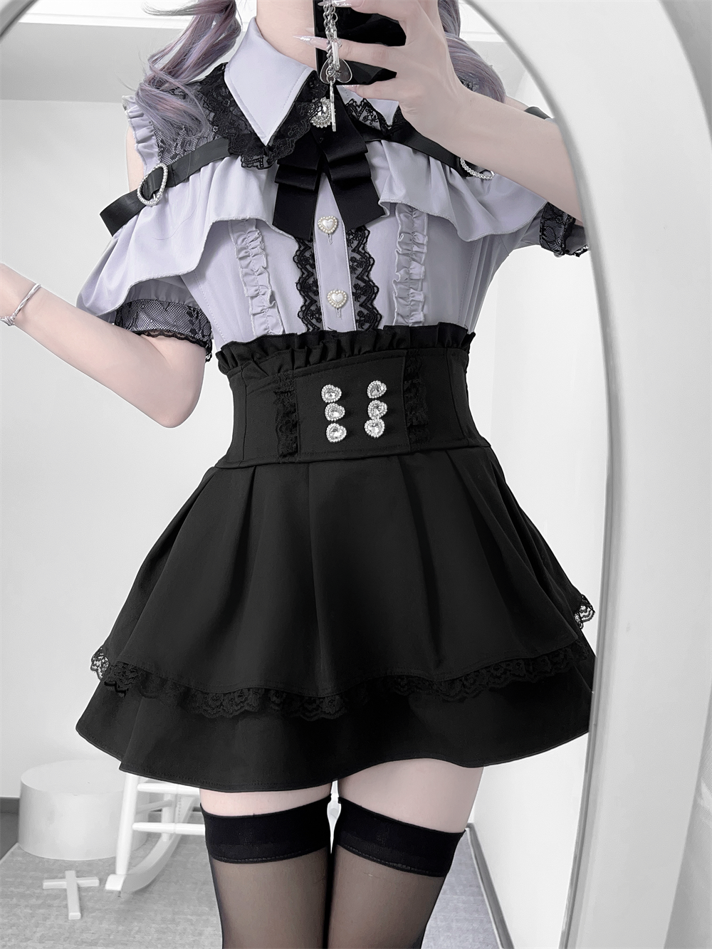 Jirai Kei High-Waist Skirt, Double Layered Lace Hem (2XL L M S XL) 45425:848564