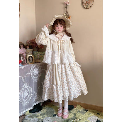 Mori Kei Skirt Patchwork Floral Skirt High Waist Cotton Skirt 36558:531046