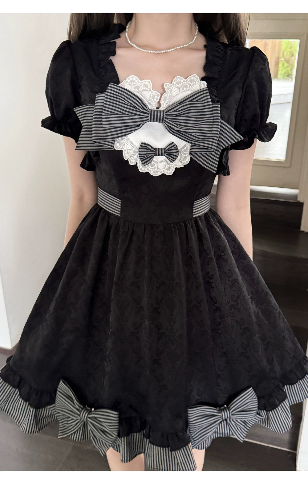 Black Jacquard A-Line Fluffy Dress, Striped Bows 45349:849908
