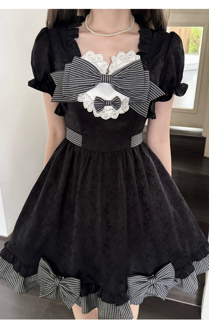 Black Jacquard A-Line Fluffy Dress, Striped Bows 45349:849908