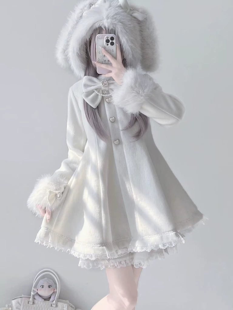 Wool-Blend Jirai Kei Coat, Bunny Ear Hood and Bows (Off-White / L M S) 44013:793013