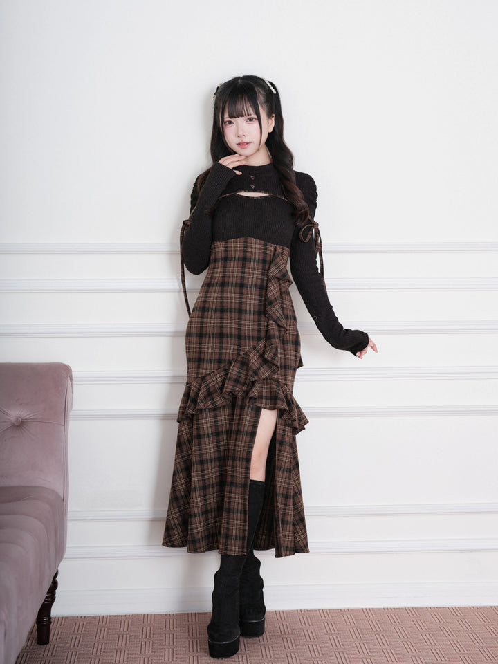 Jirai Kei Plaid Dress, Chest Cutout & Flounce Slit Hem 45956:869341