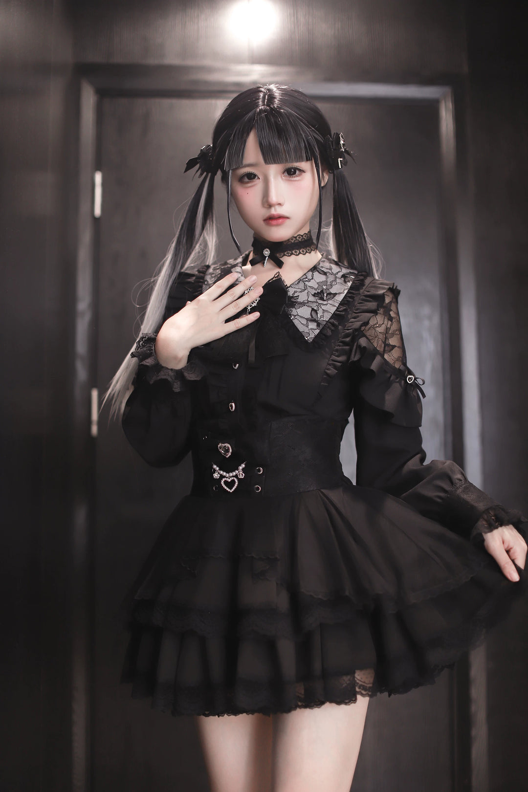 Jirai Kei Long Sleeve Blouse, Lace Open-Shoulder 44588:815067