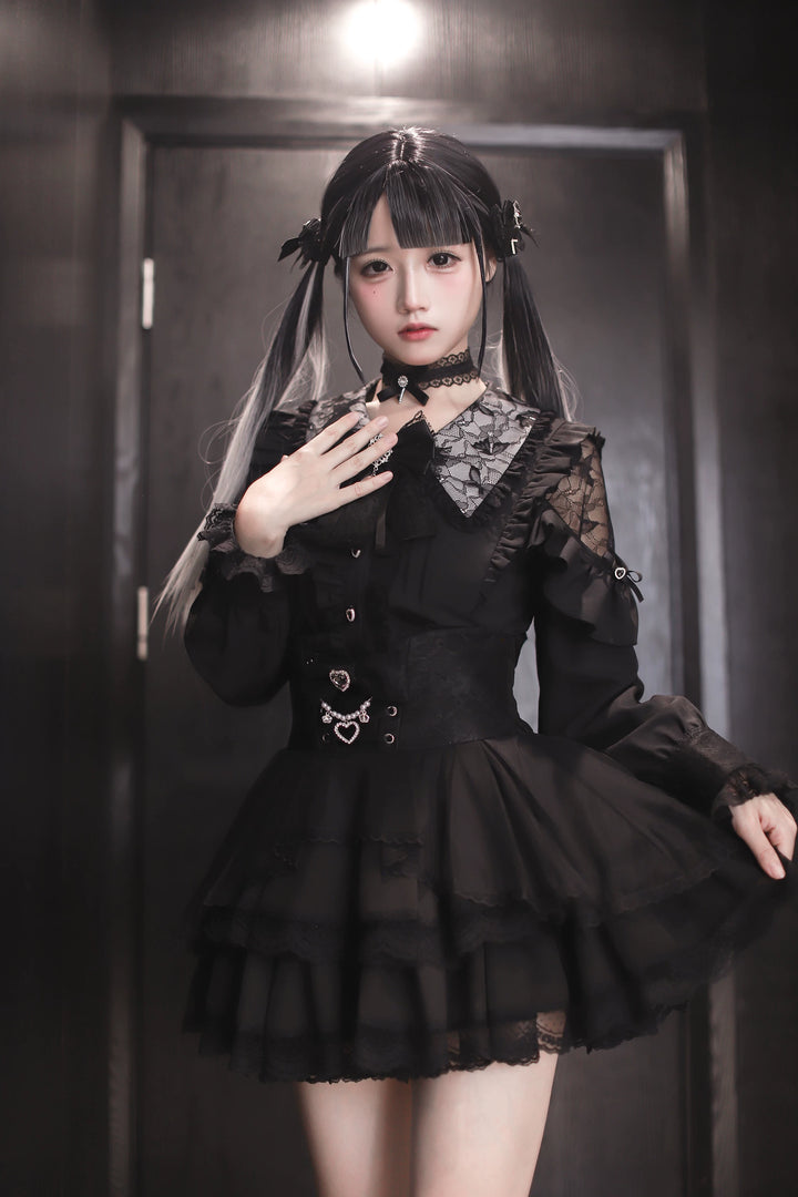 Jirai Kei Long Sleeve Blouse, Lace Open-Shoulder 44588:815067