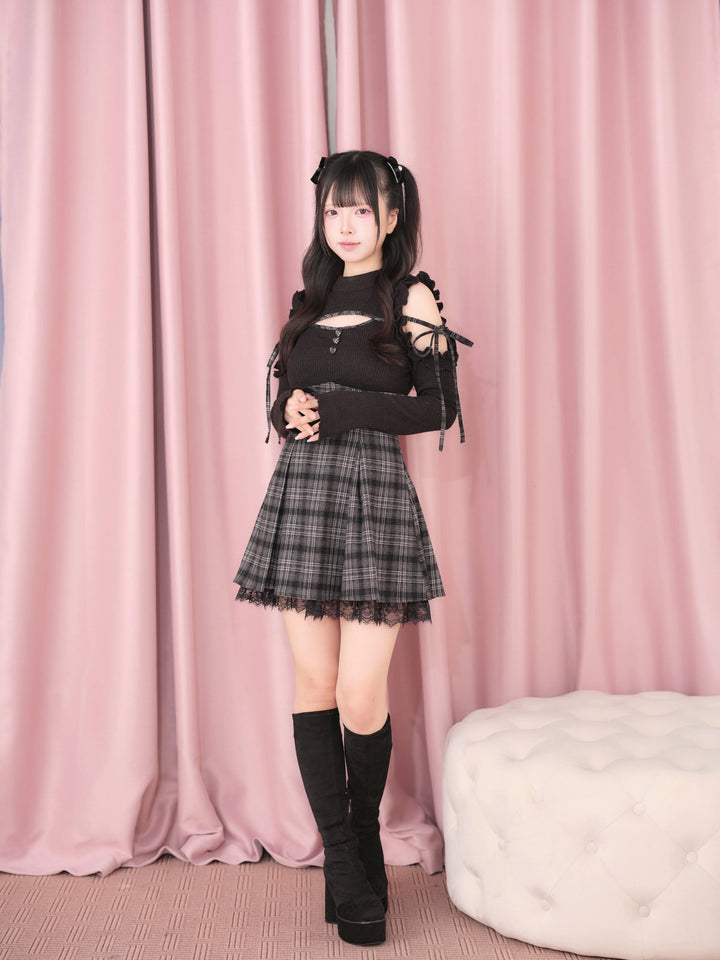 Jirai Kei Open Shoulder Plaid Dress, Chest Cutout 45957:869826