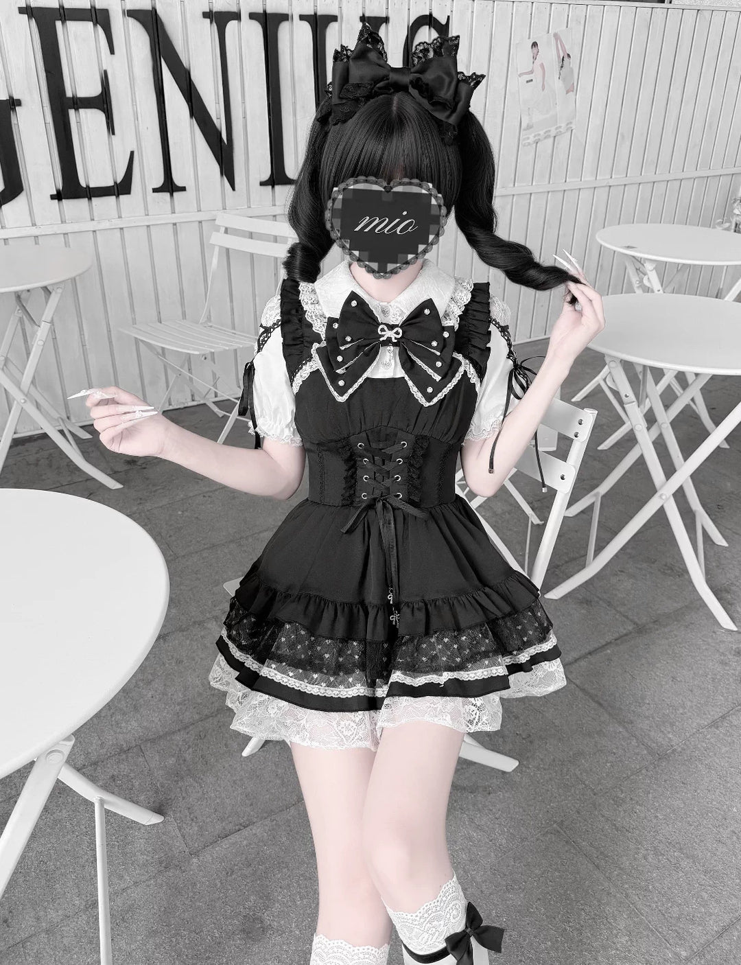 Jirai Kei Lace Plaid Dress Set, Detachable Rhinestone Bow 45700:860718