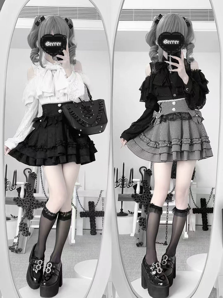 Jirai Kei Lace Skirt, Black Jacquard And Houndstooth Style 44163:801140