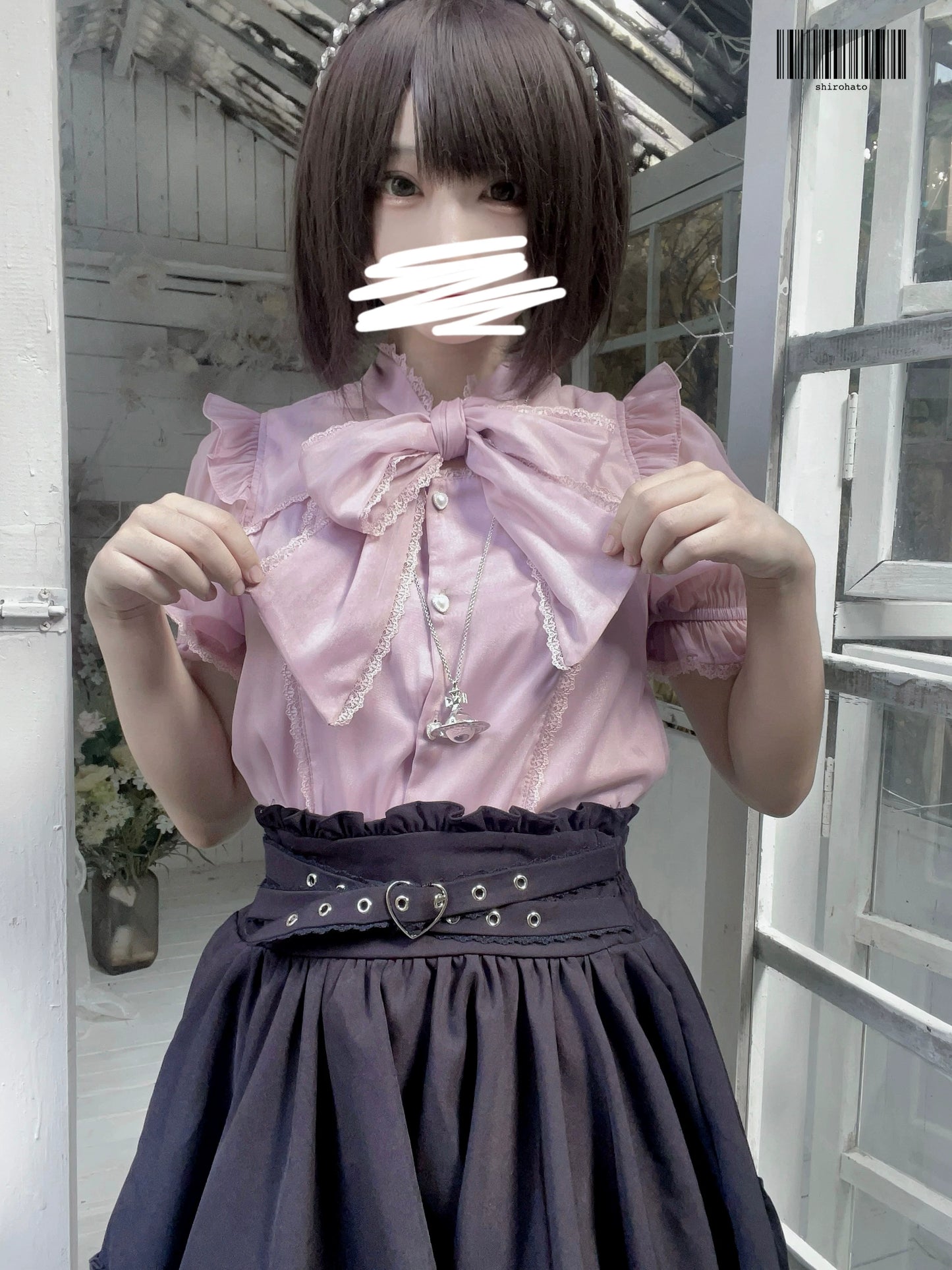 Jirai Kei Blouse Black White Pink Shirt Bowknot Short Sleeve Shirt (L M S XL) 31994:425528