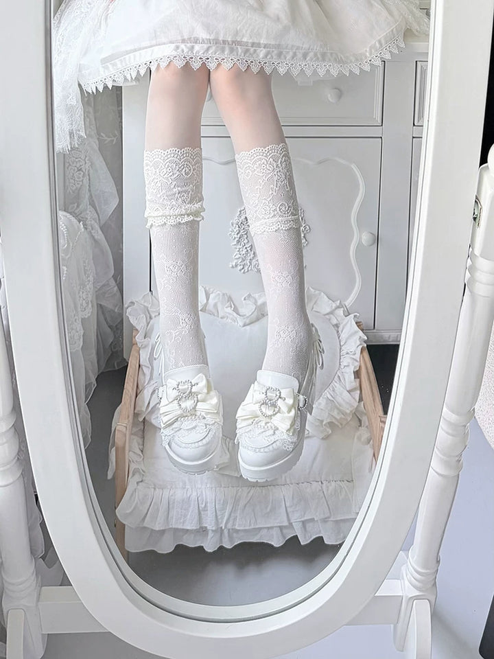 Jirai Kei Chunky Heel Slip-on Shoes, Bows and Pearls 45868:866940
