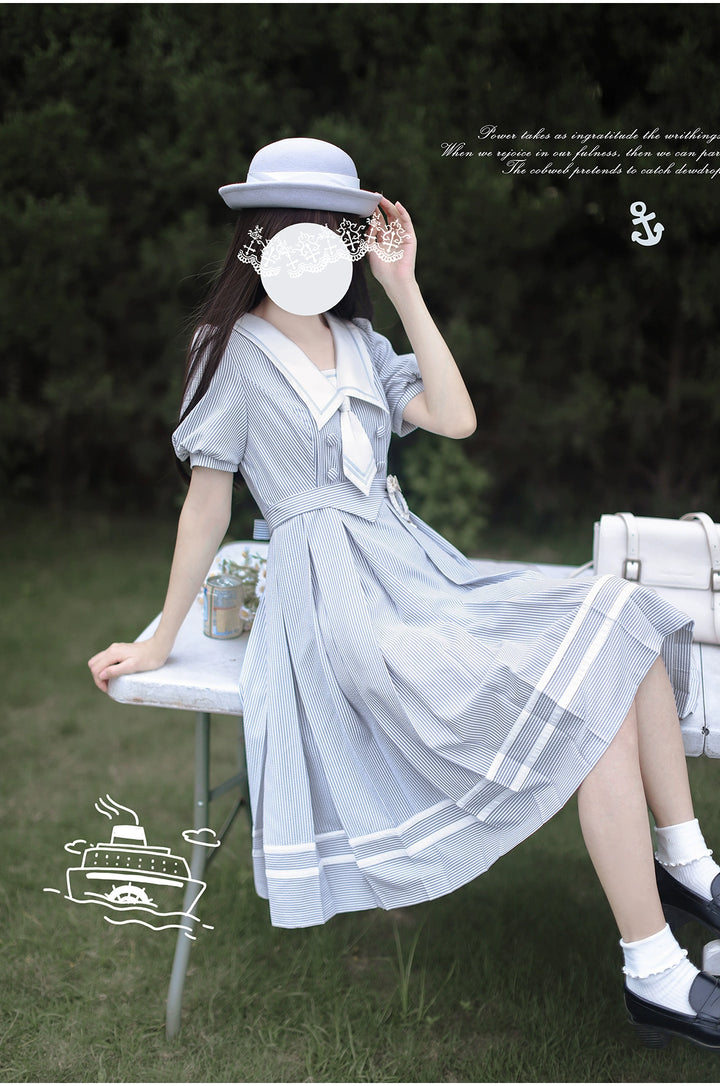 Summer JK Uniform Striped Dress, Sailor Collar 43627:781359