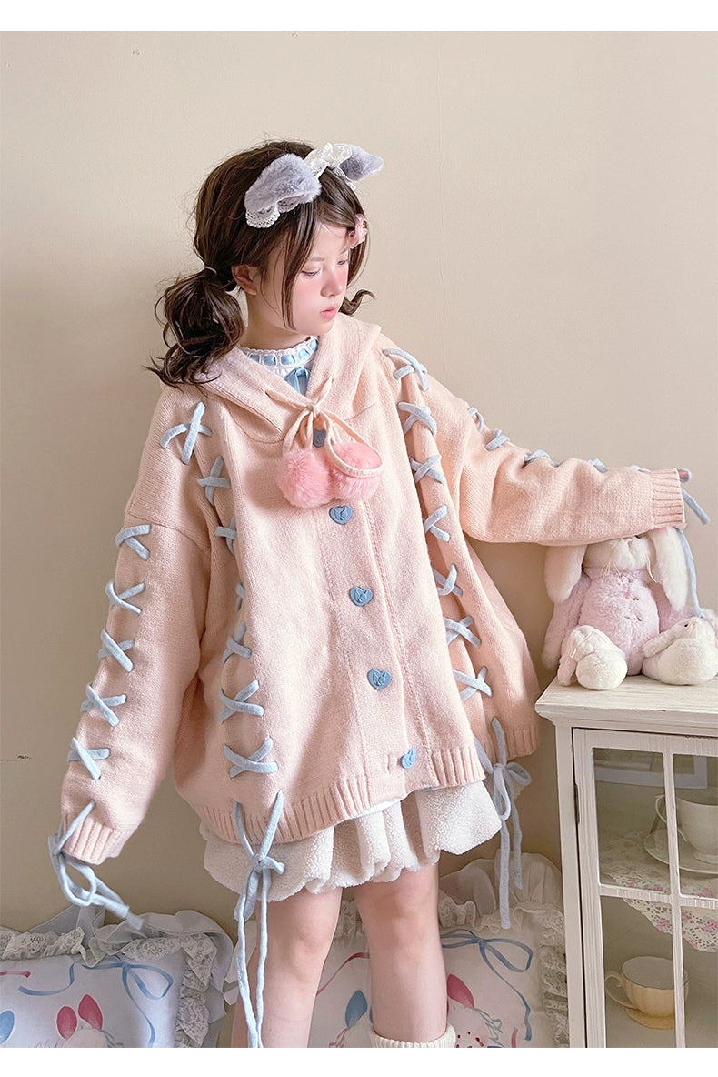 Kawaii White Pink Blue Cardigan Bunny Ears Sweater Coat 22658:345328 22658:345328