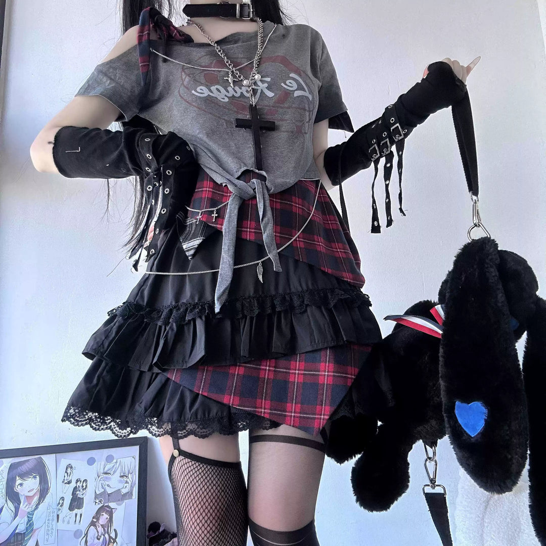 Gyaru Skirt Lace Trim Plaid Skirt Irregular Hem Skirt (Black / L M S) 41934:719048