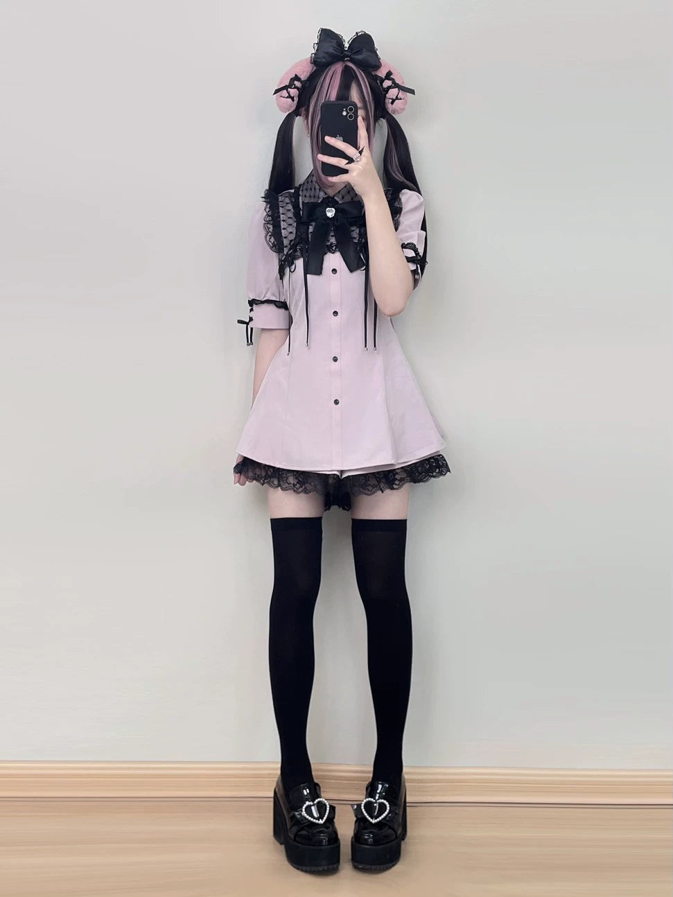 Jirai Kei Set Up Short Sleeve Lace Dress And Shorts Set 37462:559368