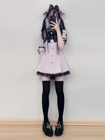 Jirai Kei Set Up Short Sleeve Lace Dress And Shorts Set 37462:559368