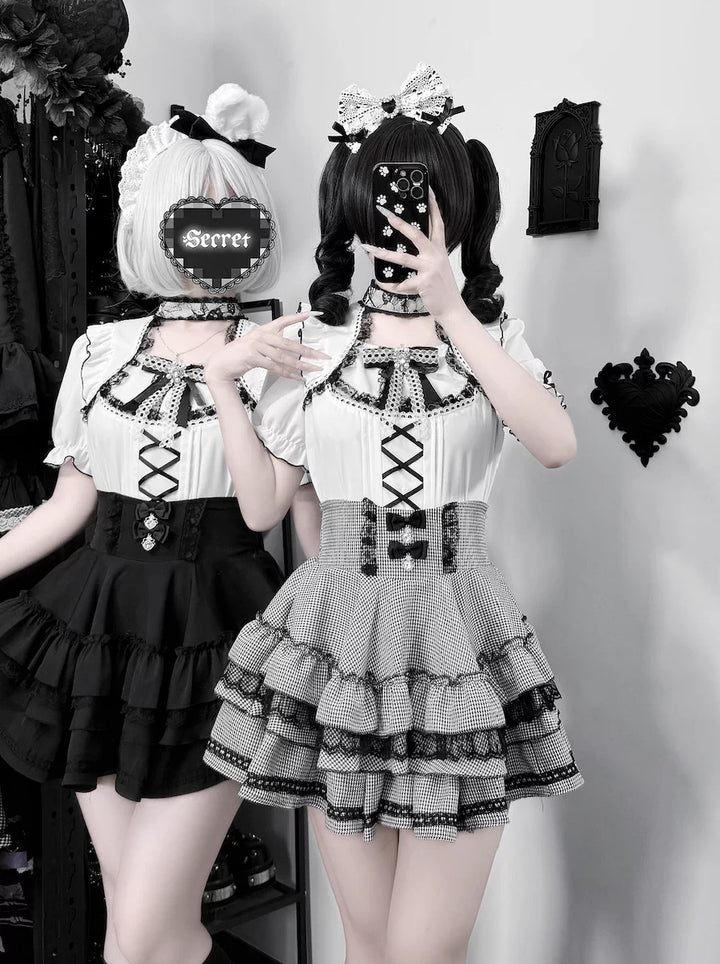 Jirai Kei Heart Lace Collar Blouse, High-waisted Tiered Skirt 45726:862540