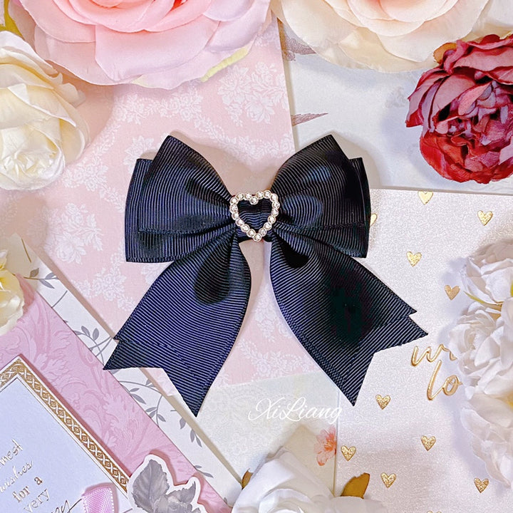 Jirai Kei Black Hair Clip Heart Rhinestone Bow Hair Clip 33798:449918 33798:449918