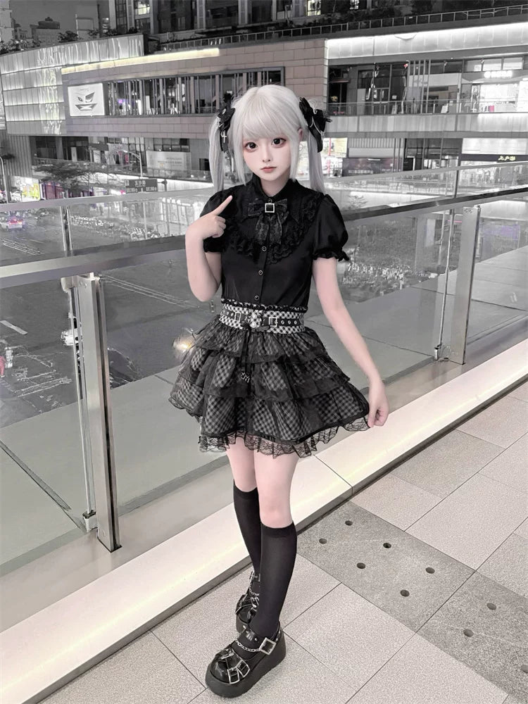Jirai Kei Black Blouse and Plaid Skirt Set, Tulle Overlay 45572:855473