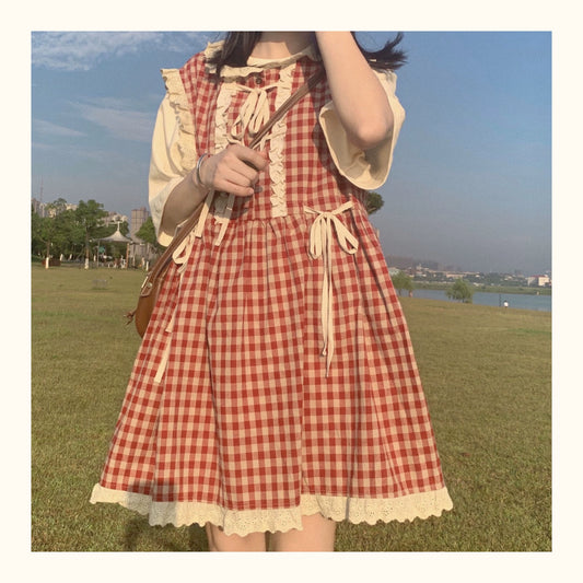 Kawaii Dress Mori Kei Dress Plaid Vest Dress Cotton Linen Dress 36450:523374