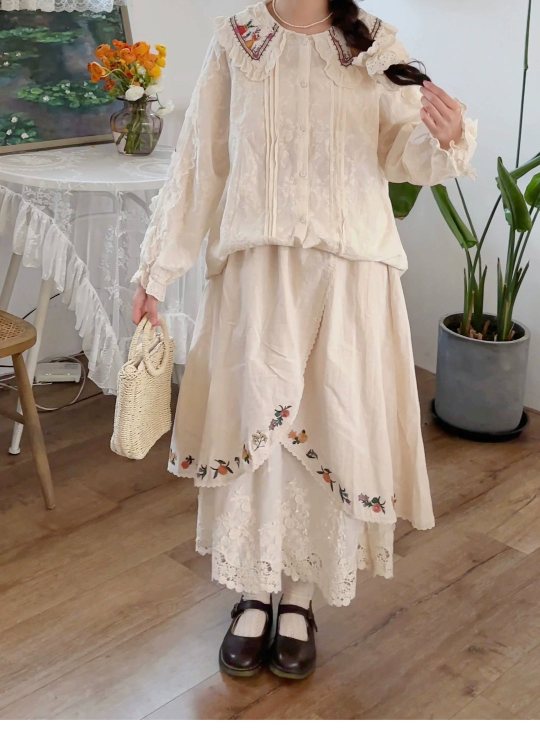 Mori Kei Skirt Sweet Retro Linen Embroidered Long Skirt 41802:714108